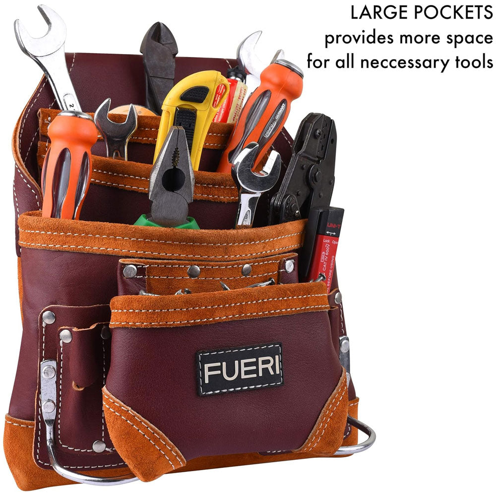 Tools in all pockets of Fueri 10 pockets meroon leather tool pouch with 2 fixed hammer holders.