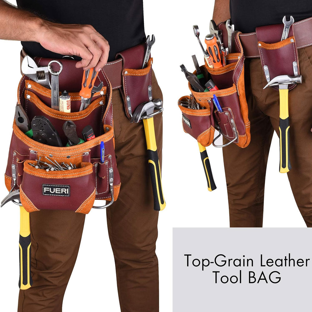 A close view of a man's waist wearing Fueri 10 pockets maroon leather tool pouch, tools in all pockets, 1 hammer is hanging with 1 fixed hammer holder and other hammer is hanging in 1 detachable hammer holder.