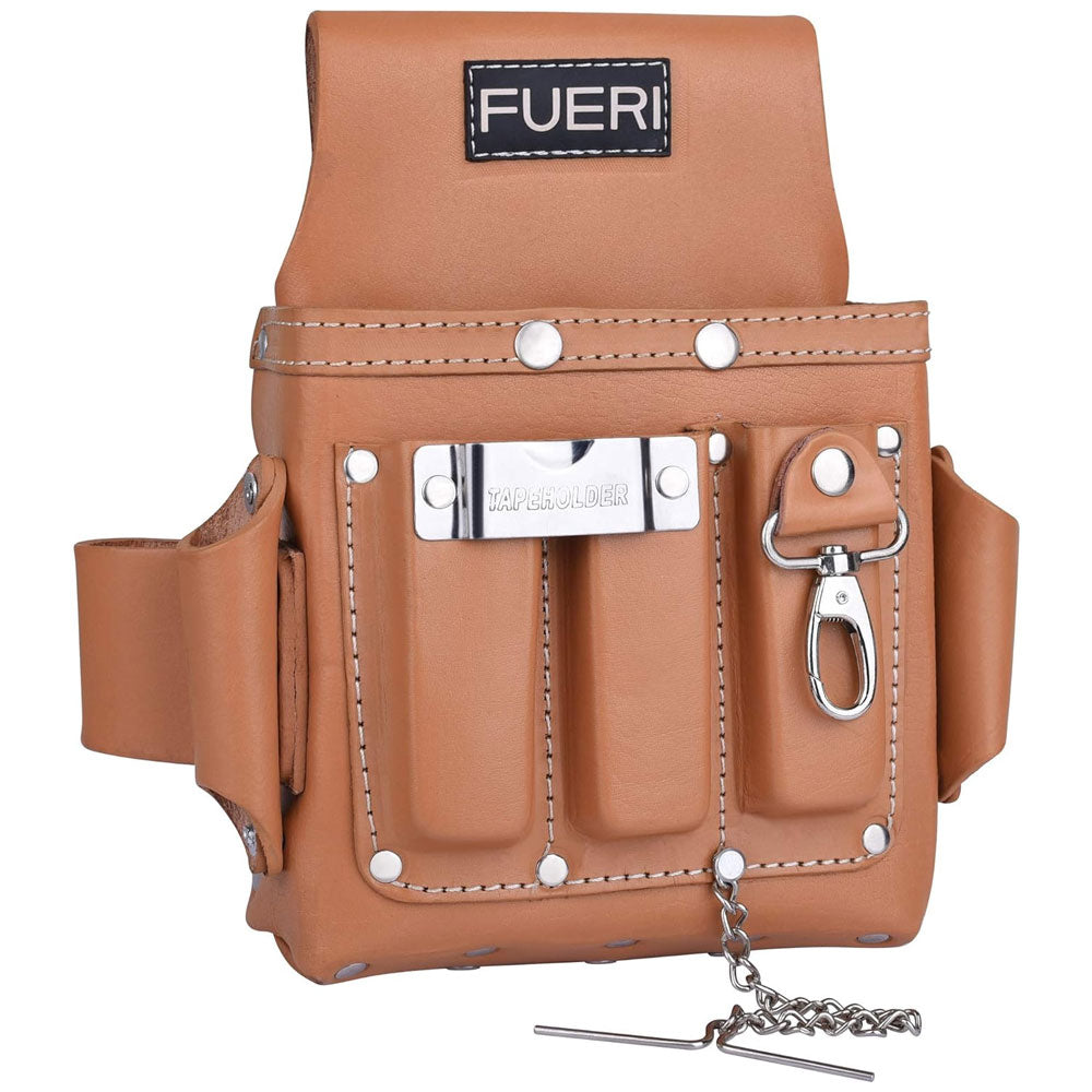 Fueri 4 pockets Tan leather electrician and carpenters tool pouch, with measuring tape holder, solution tape holder and leather loops on each side to hang tools
