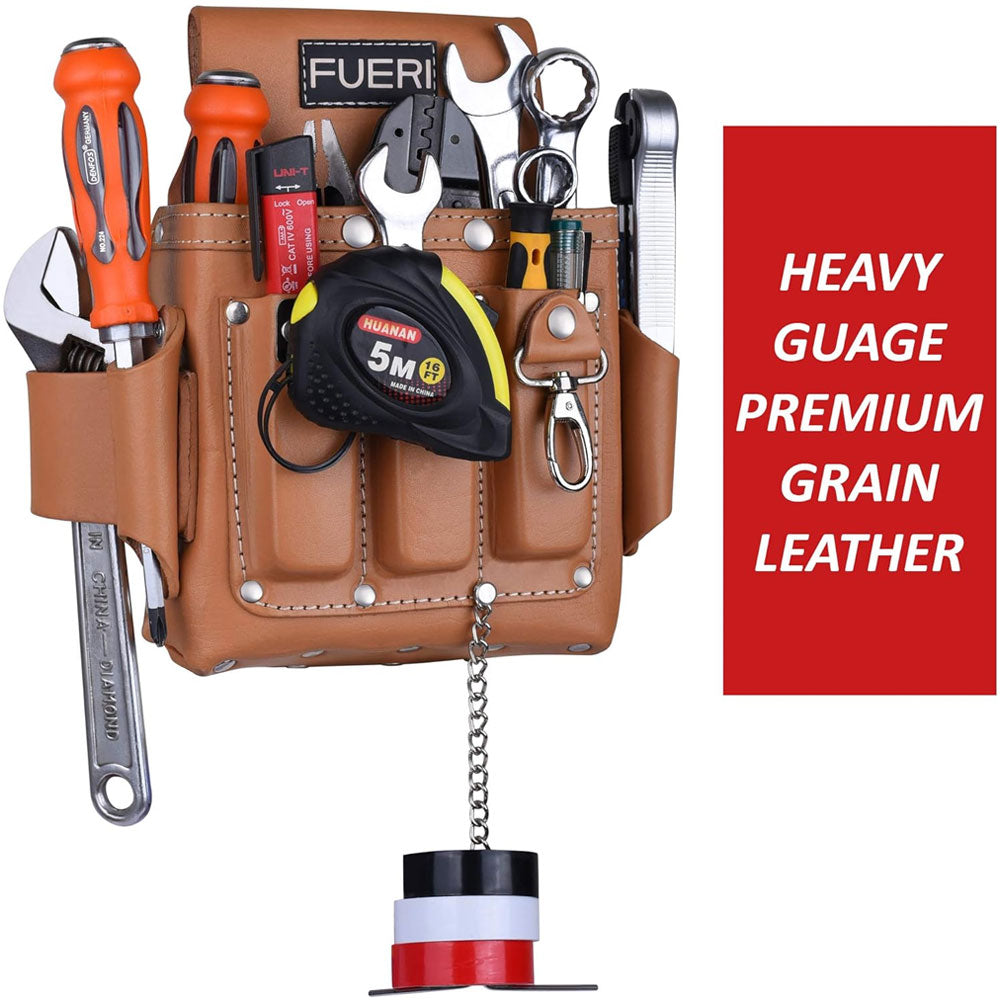 Fueri 4 pockets Tan leather electricians and carpenters tool pouch, tape in measuring tape holder, 3 solution tapes in holder and leather loops on each side to hang tools. All necessary tools in the pockets.