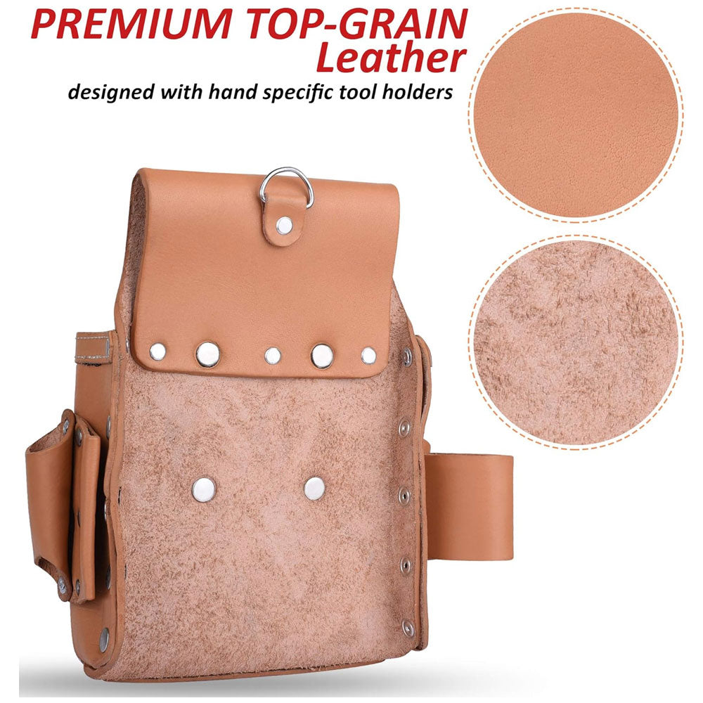 Back side of Fueri 4 pockets Tan leather electricians and carpenters tool pouch.