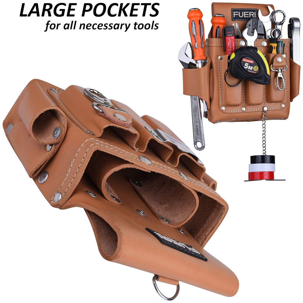 Tools, measuring tape and solution tape holder in all pockets in one image. 2nd image showing inside view of the pouch.