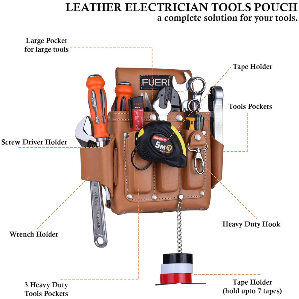 Labelling of all pockets; Large pocket for large tools, screw driver holder, wrench holder, tape holder, heavy duty hook, measuring tape holder.