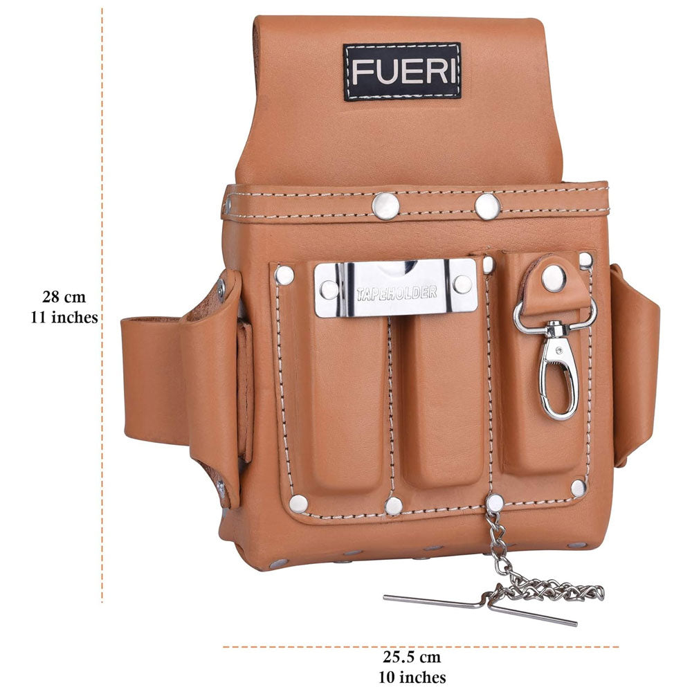 Dimensions of Fueri 4 pockets Tan leather tool pouch. Length 35 cm, Width 38, Height 7