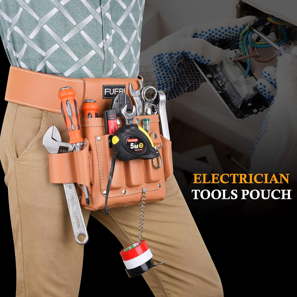 A close view of man's waist wearing Fueri 4 pockets Tan leather electricians tool pouch with Fueri black Tan leathern  tool belt. Tools in all pockets.