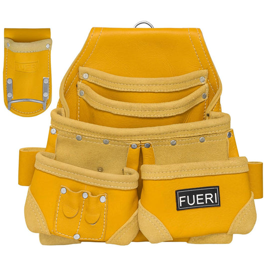 Front view of Fueri 7 pockets including 2 pencil pockets yellow natural leather tool pouch with free hammer holder