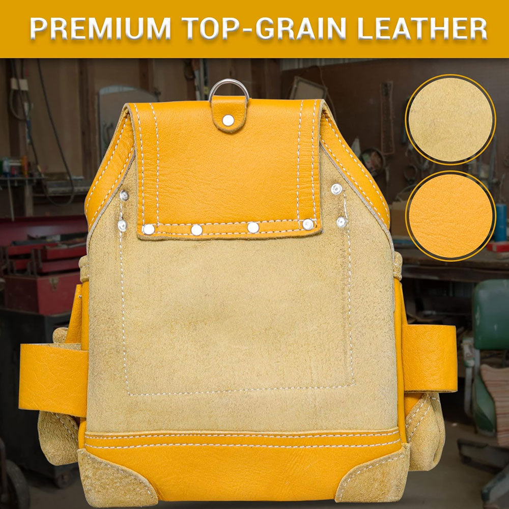 Rear view of 7 pockets yellow leather tool pouch, showing high quality 9 ply thick polyester thread stitching