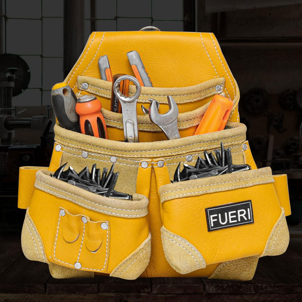 Front view of Fueri 7 pockets yellow natural leather tool pouch, 3 pockets full of necessary tools, front 2 large pockets full of nails.