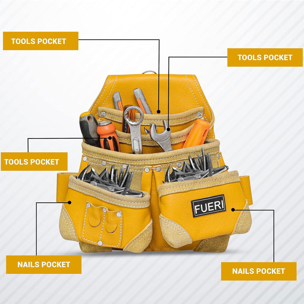 Fueri  yellow leather 7 pockets tool pouch, labelling 3 tools pockets, 2 nail pockets, 2 pencil pockets.