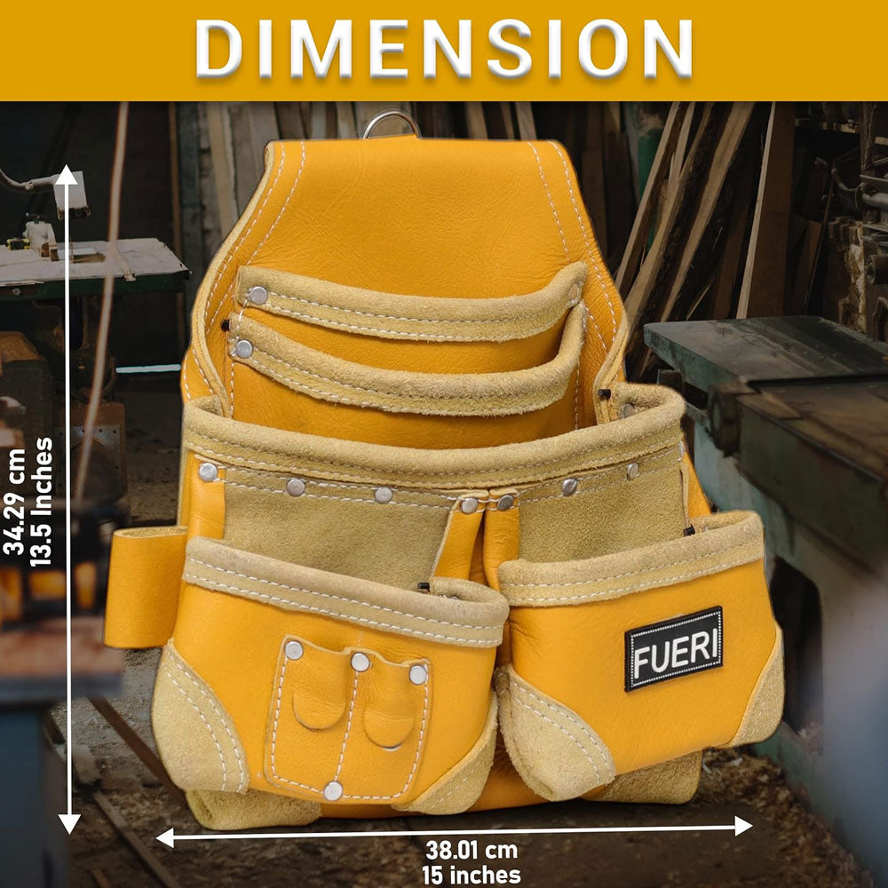 Dimensons of Fueri Yellow leather 7 pockets tool pouch, 13.5 inches long, 15 inches wide