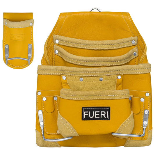Fueri 10 pockets yellow leather tool pouch with 2 fixed hammer holders, 1 detachable hammer holder.