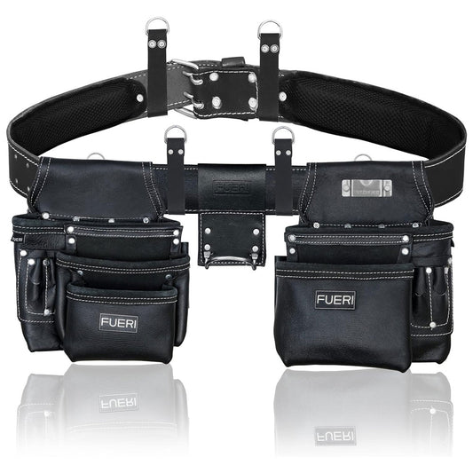 Fueri 17 pockets black leather tool bag set, one bag has 1 fixed hammer holder, 1 detachable hammer holder, 4 detachable suspender loops and Fueri foam padded soft mesh work belt.