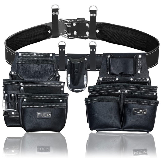 Fueri 19 pockets black leather tool pouch with Fueri Heavy duty foam padded soft mesh work belt, 4 detachable suspender loops and 1 detachable hammer holder.