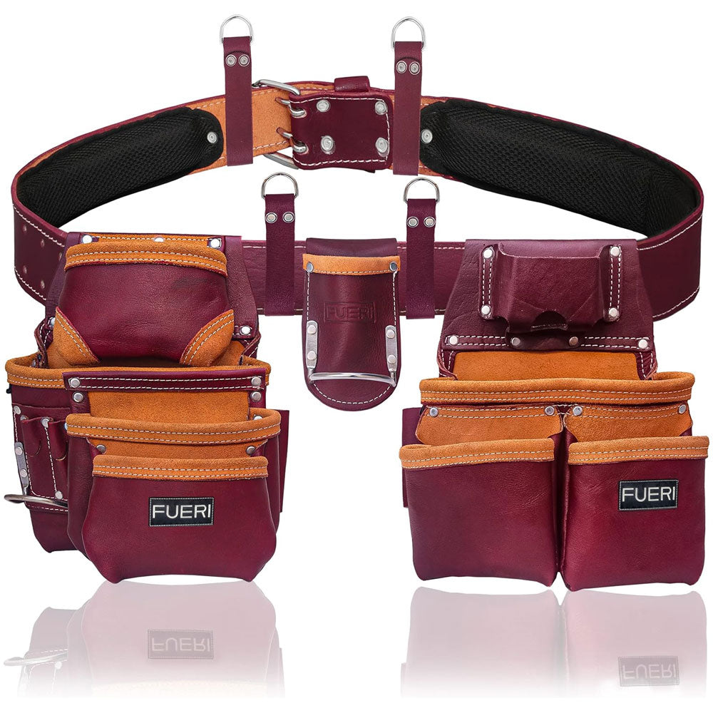 Fueri 19 pockets maroon leather tool bag set with Fueri foam padded soft mesh work belt, 4 detachable leather loops for suspender, 1 detachable hammer + plier holder.