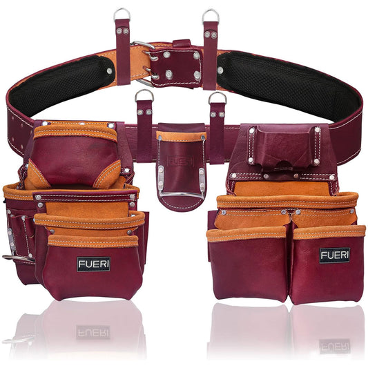 Fueri 19 pockets maroon leather tool bag set with Fueri foam padded soft mesh work belt, 4 detachable leather loops for suspender, 1 detachable hammer + plier holder.