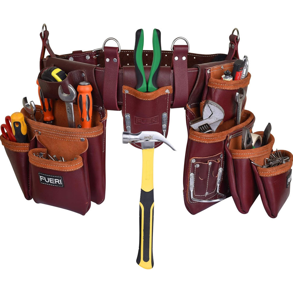 Fueri 19 pockets maroon leather tool bag set with Fueri foam padded soft mesh leather belt, 4 detachable leather loops for suspender, 1 hammer hanging in 1 detachable hammer holder. All necessary tools and nails in pockets.