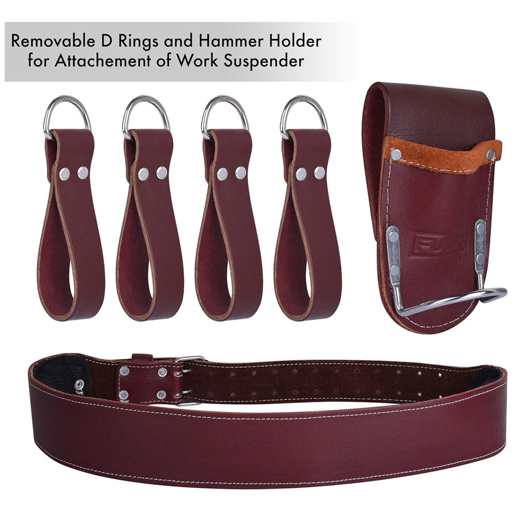 Fueri 4 detachable d rings and 1 hammer holder for attachment of work suspender. Fueri foam padded soft mesh maroon leather tool belt