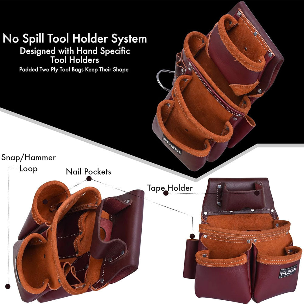 Top view of Fueri 19 pockets maroon leather tool pouch set, showing deep large pockets. labelling hammer holder, nail pockets and tap holder.