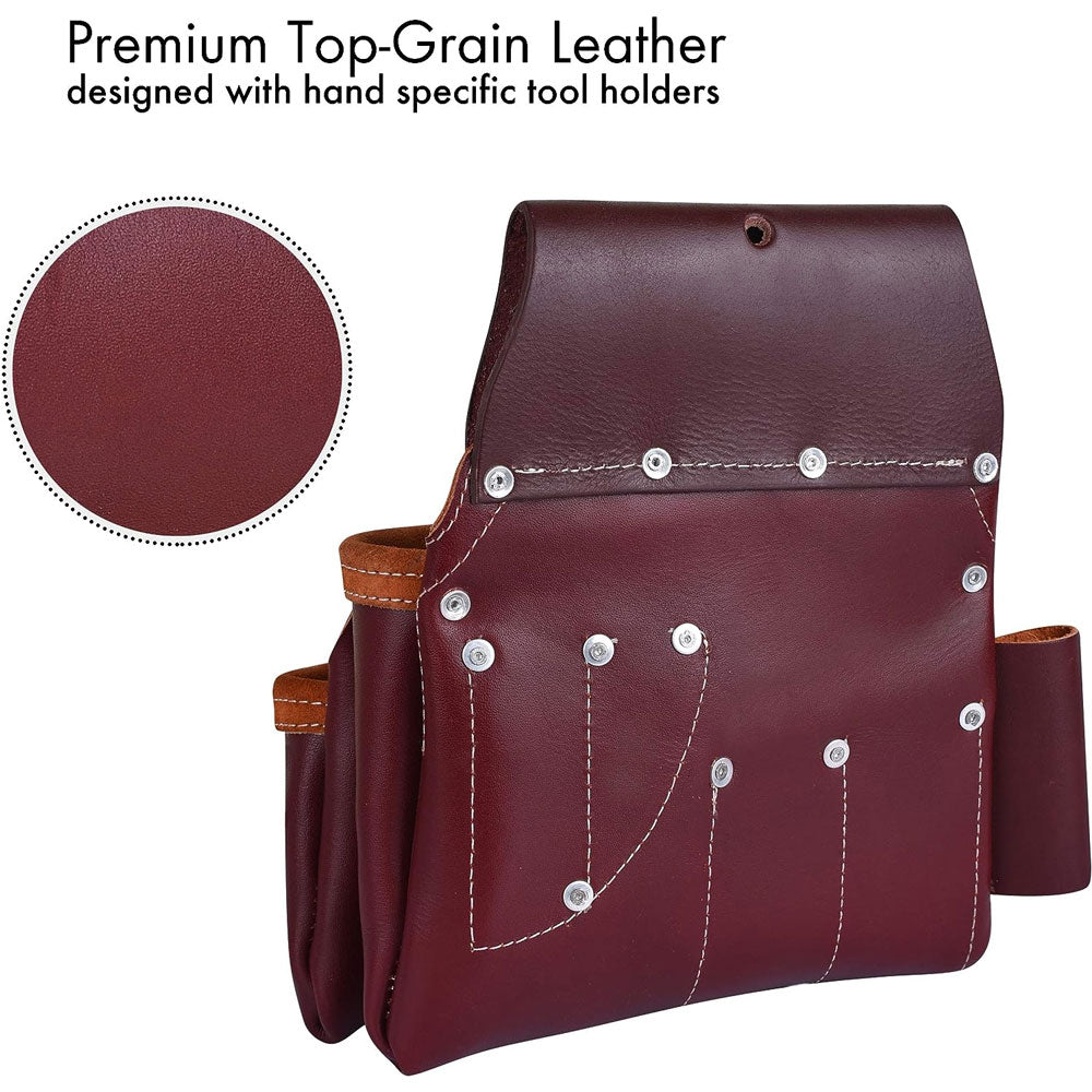 Back view of Fueri leather pouch showing rivets and stitching of polyester thread.