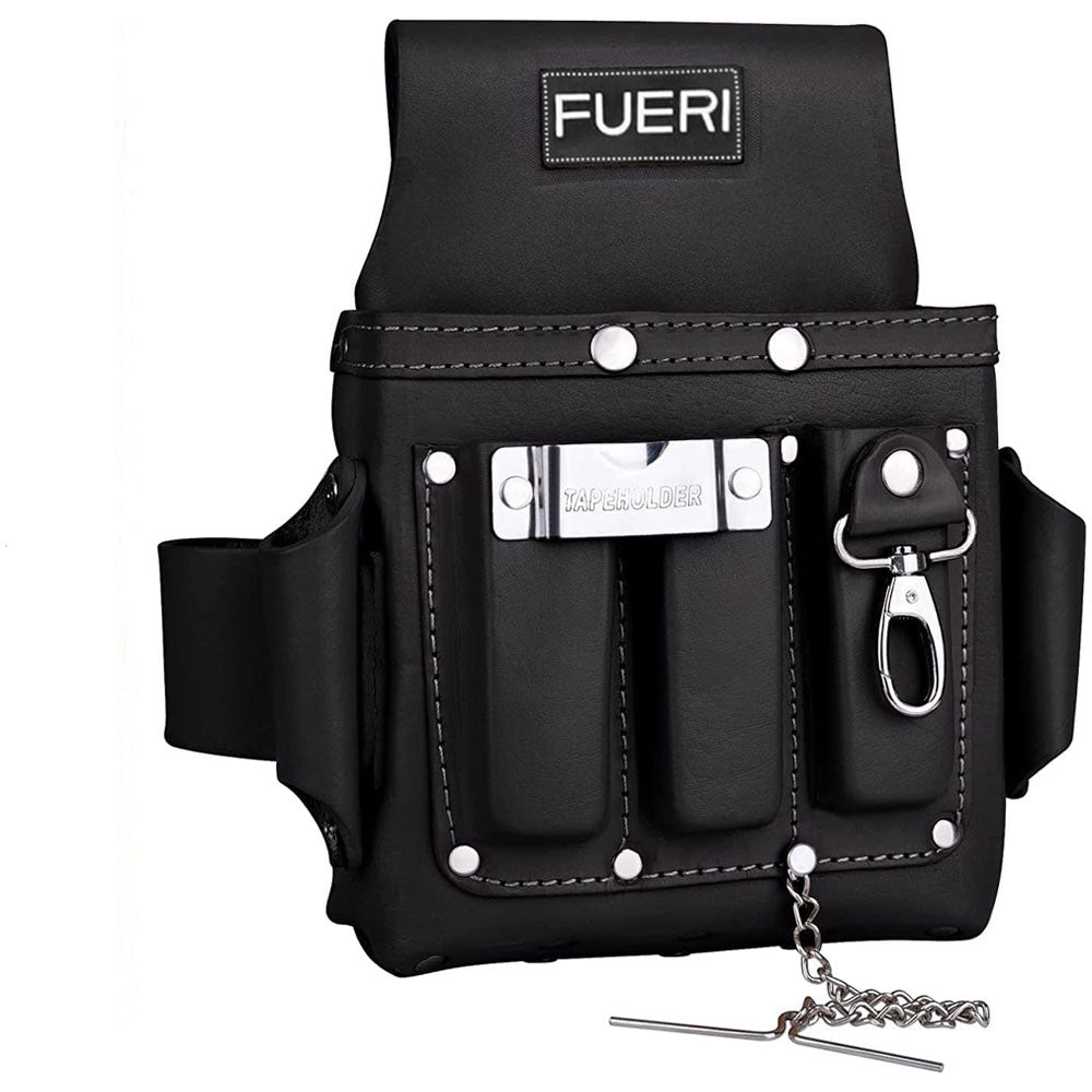 Fueri 4 pockets black leather electrician and carpenters tool pouch, with measuring tape holder, solution tape holder and leather loops on each side to hang tools