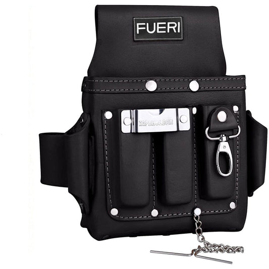 Fueri 4 pockets black leather electrician and carpenters tool pouch, with measuring tape holder, solution tape holder and leather loops on each side to hang tools