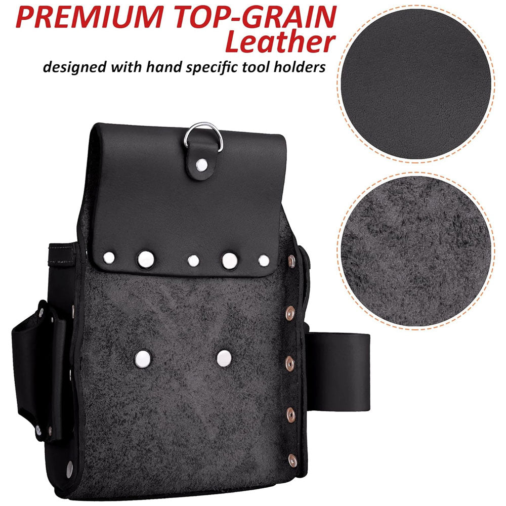 Back side of Fueri 4 pockets black leather electricians and carpenters tool pouch.