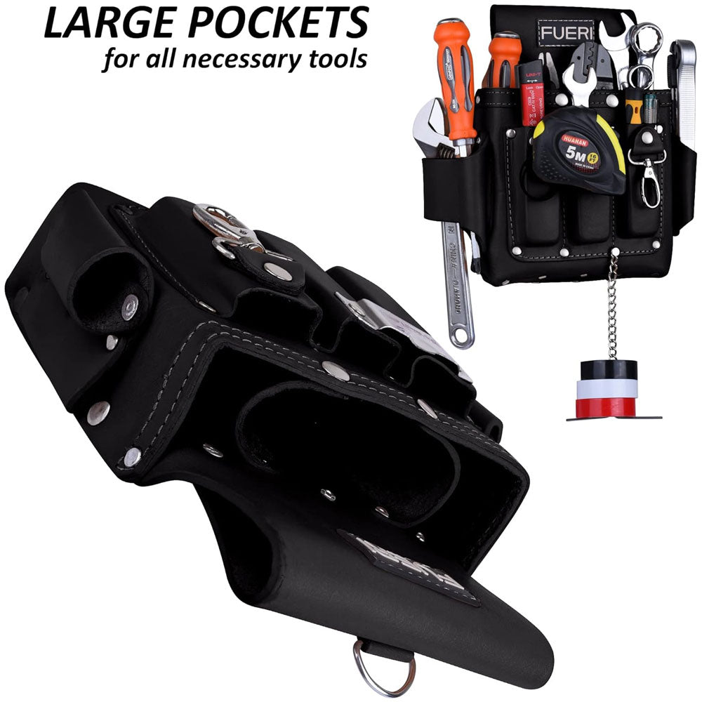 Tools in all pockets of Fueri 4 pockets black leather electrician and carpenters tool pouch. 