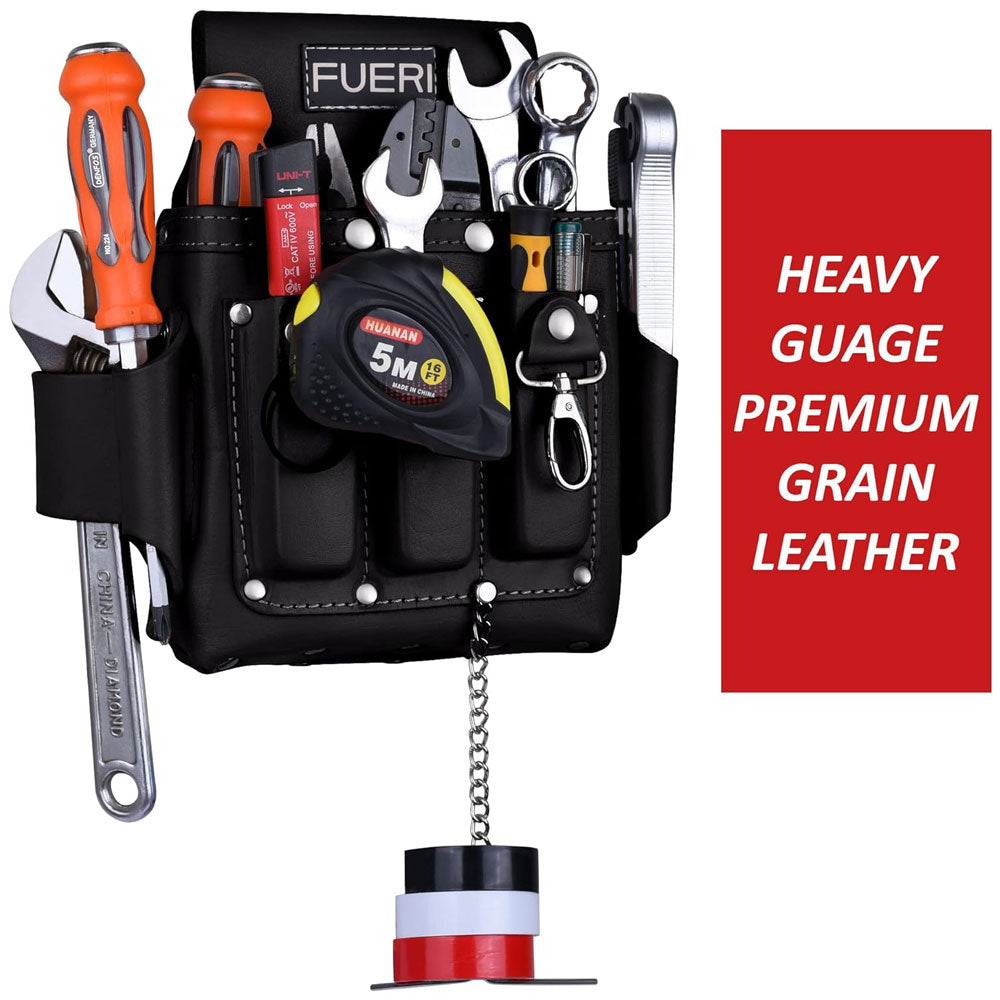 All necessary tools in Fueri 4 pockets black leather electricians and Carpenter tool pouch, wrench hanging in leather loops, measuring tape and solution tape in holders.