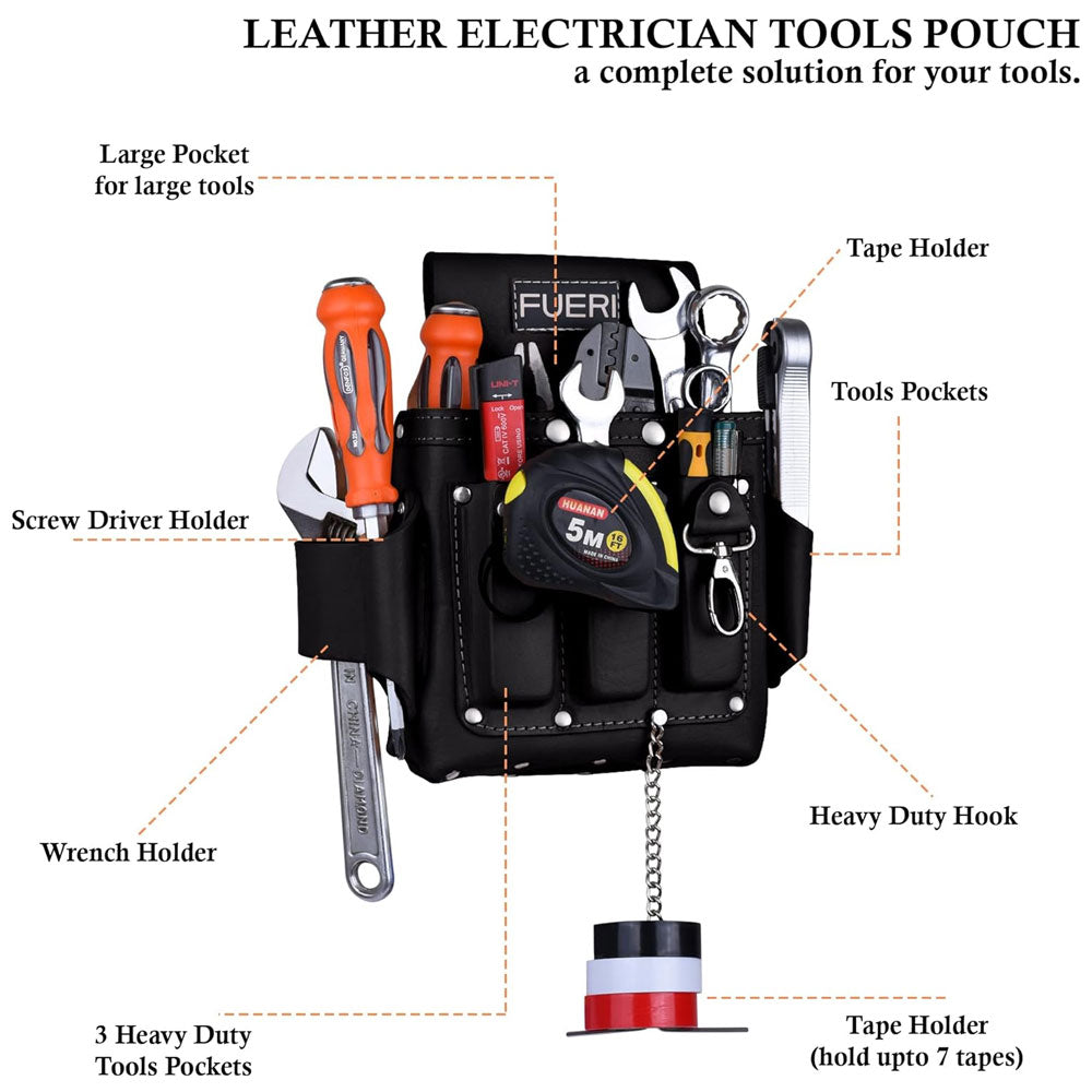 Labelling of Fueri 4 pockets electricians and carpenters tool pouch. Large pocket, Screw driver holder, wrench holder, 3 heavy duty pockets, tape holder, heavy duty hook.