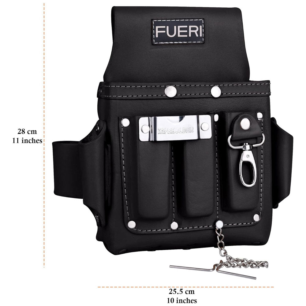 Dimensions of Fueri 4 pockets black leather electricians and carpenters tool pouch. Length 35 cm, Width 38 cm, Height 7 cm