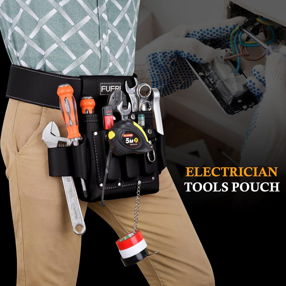 A close up view of a man's waist wearing Fueri 4 pockets black leather electricians and carpenters tools pouch, with all necessary tools in pockets.
