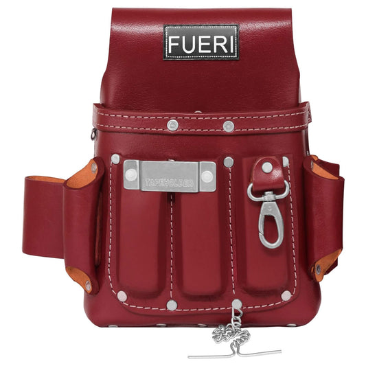 Fueri 4 pockets maroon leather electrician and carpenters tool pouch, with measuring tape holder, solution tape holder and leather loops on each side to hang tools