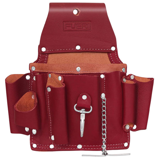 Fueri 5 pockets maroon leather electrician tool pouch with tape holder and 2 leather loops on each side to hang tools.