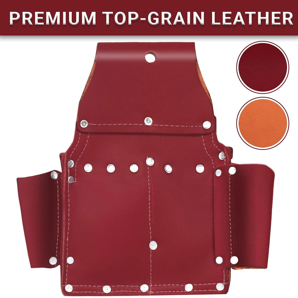 Backside view of Fueri 5 pockets maroon leather electrician tool pouch.