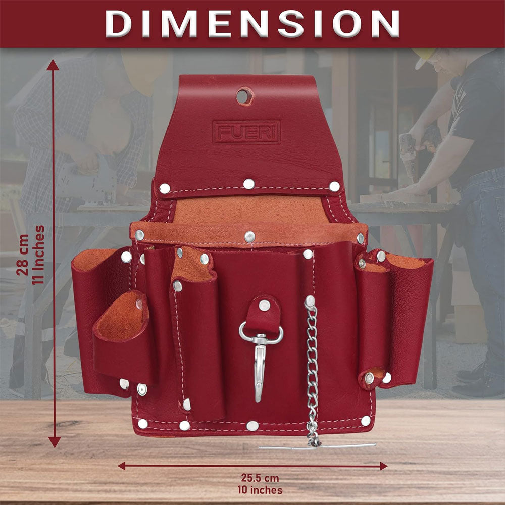 Dimensions of Fueri 5 pockets maroon leather electrician tool pouch. Length 32 cm, width 32 cm, height 12 cm