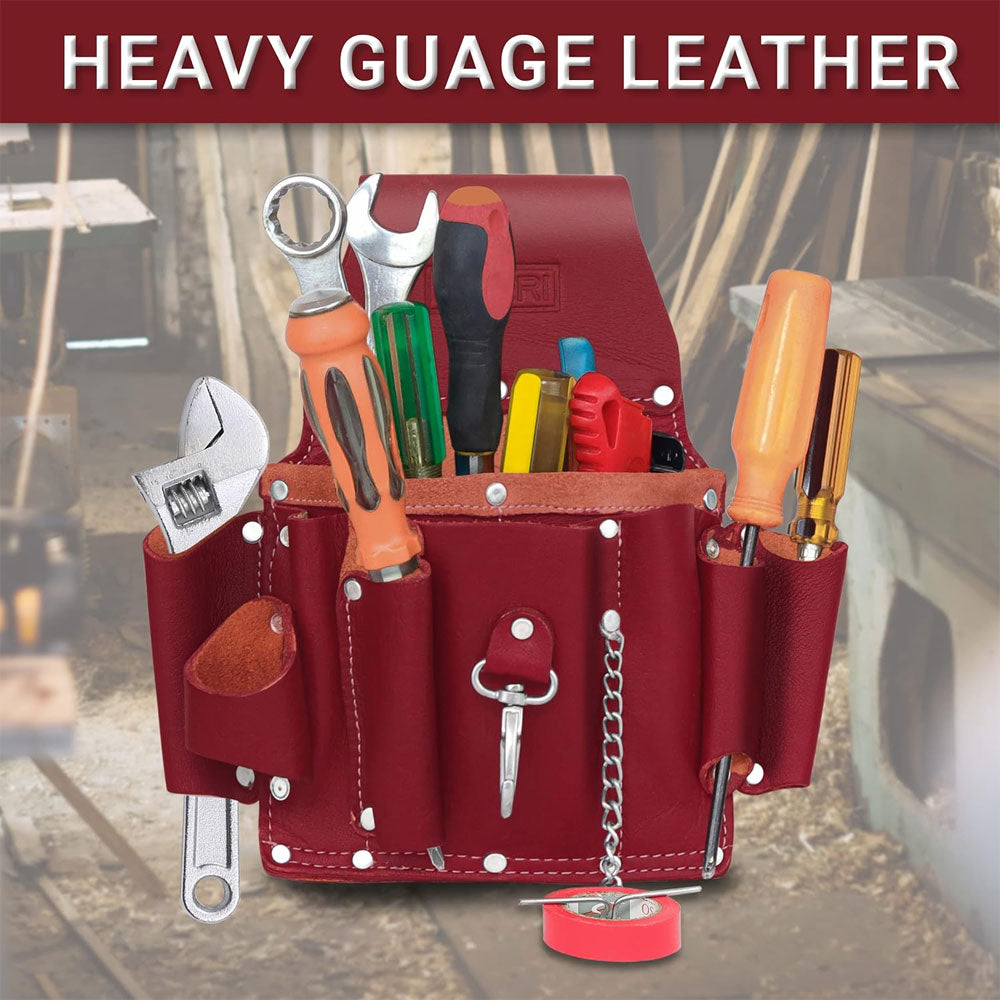 Tools in all pockets off  Fueri 5 pockets maroon leather electrician tool pouch. Tape in tape holder.