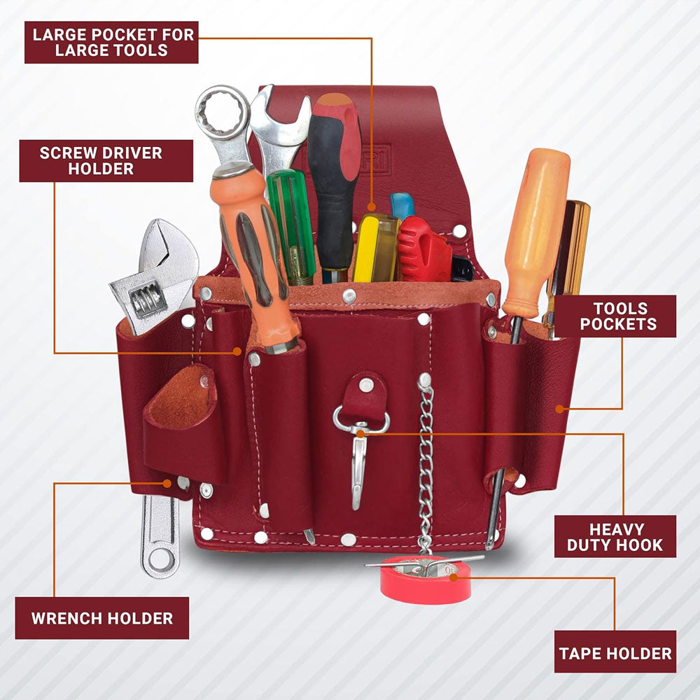 Labelling of all pockets, Large pocket for large tools, screw driver holder, heavy duty hook, tape holder, wrench holder.
