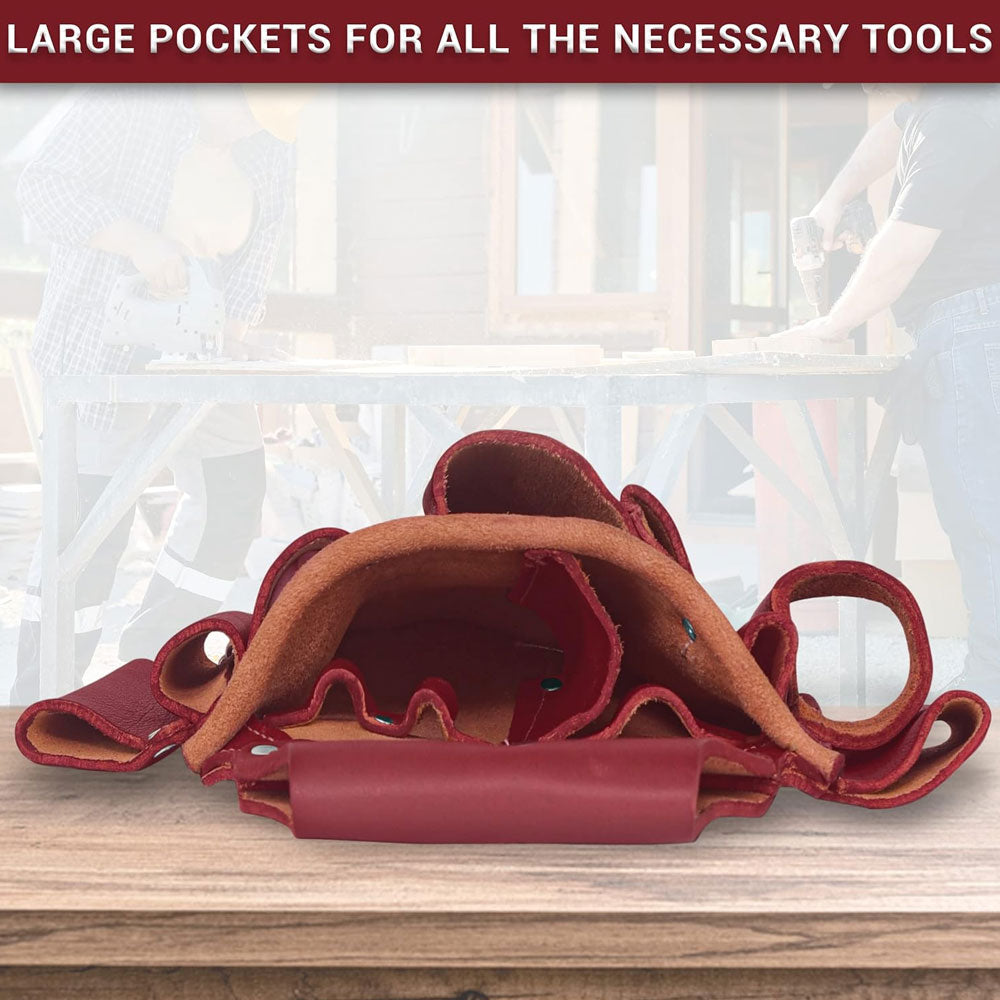Top inside view of large pockets of Fueri 5 pockets maroon leather electrician tool pouch,