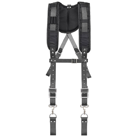 FUERI  Black Tool Belt Suspender with 4 Detachable D-Loops for Construction Tool Belt, Adustbale clips at front. Shoulder pads are made of heavy duty cardura fabric and 3 inch thick foam padding. Straps are made of maroon leather.