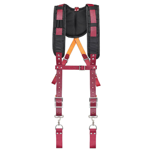 FUERI Tool Belt Suspender with 4 Detachable D-Loops for Construction Tool Belt, Adustbale clips at front. Shoulder pads are made of heavy duty cardura fabric and 3 inch thick foam padding. Straps are made of maroon leather.
